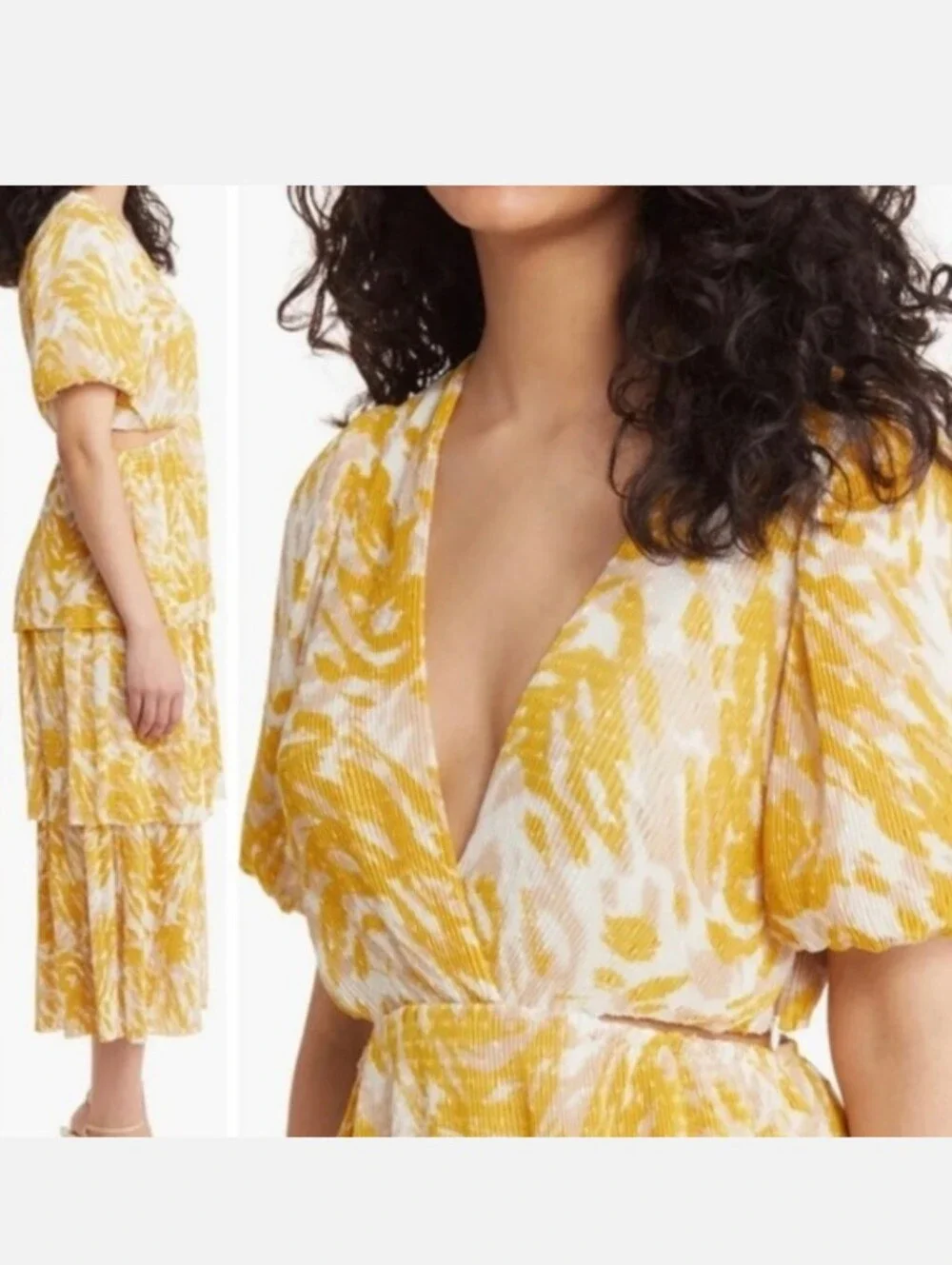 NWT Charles Henry Yellow Printed V-Neck Tiered Women's Dress Size Medium